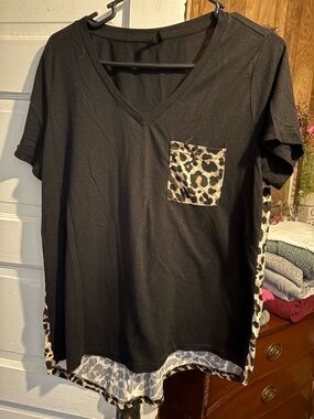 Black V-Neck Short Sleeve Top with Leopard Pocket